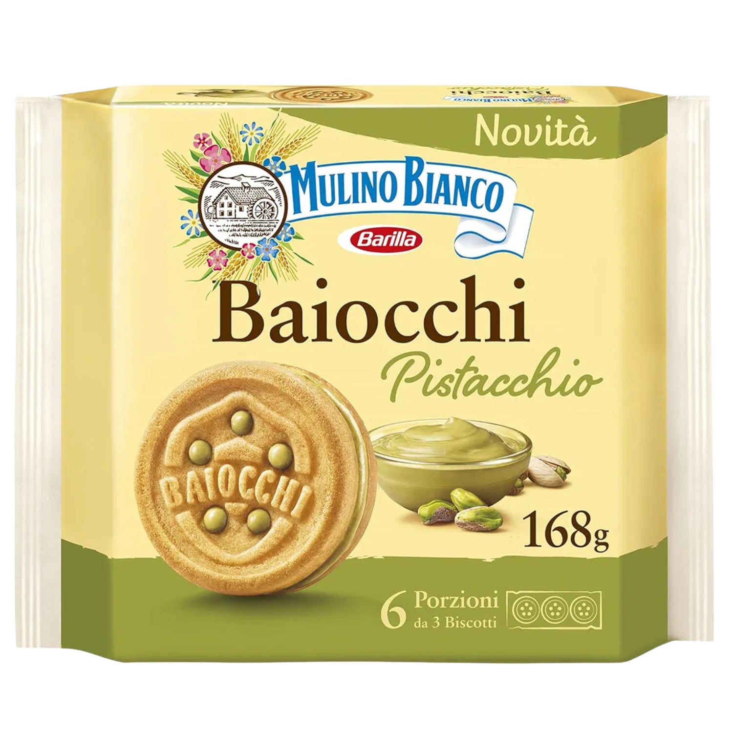 Mulino Bianco Baiocchi Biscuits, Pistachio Cream Filled Biscuits - 168g