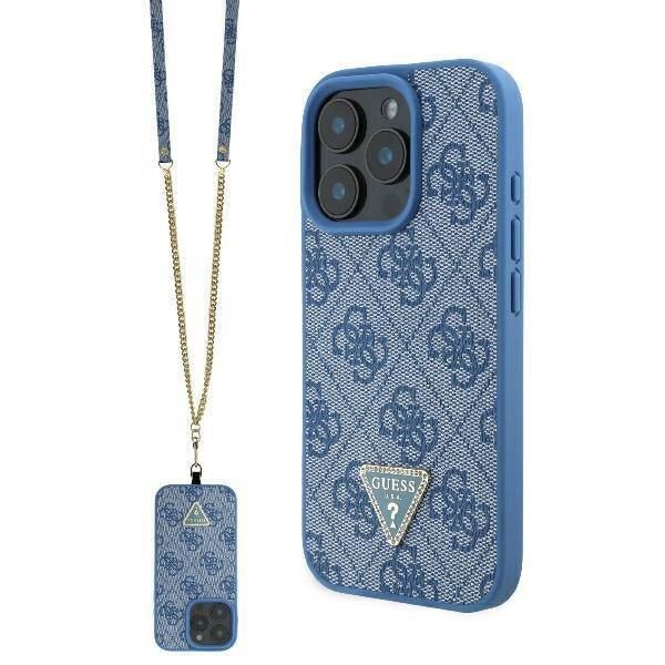 Guess Leather Metal Logo Strass Crossbody Case for iPhone 16 Pro Max 6.9" Blue
