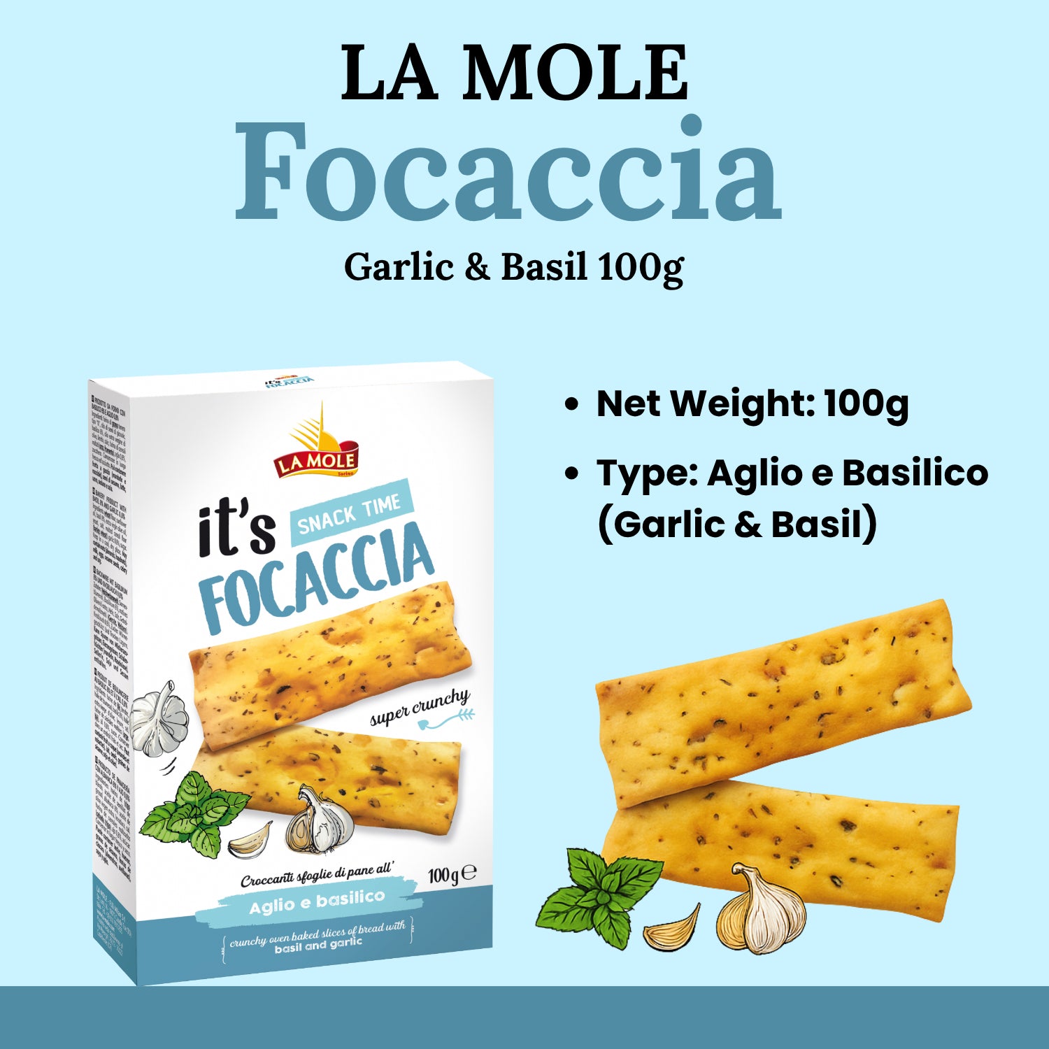 La Mole Focaccia Bread Crisps Basil & Garlic Crunchy Snack Oven Baked - 100g