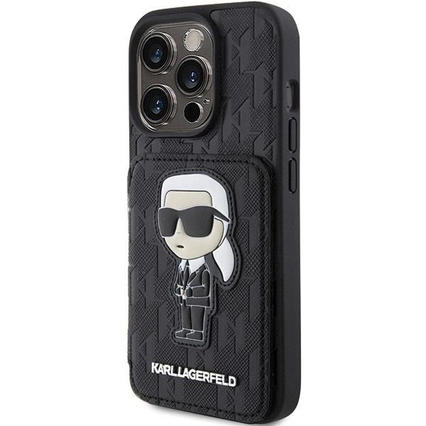 Karl Lagerfeld Saffiano Cardslots and Stand Monogram Ikonik Patch Case for iPhone 15 Pro Max 6.7" Black - KLHCP15XSAKKNSCK