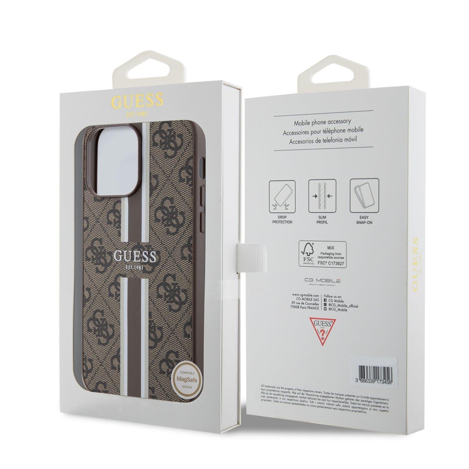 Guess Leather 4G Printed Stripes Hardcase with MagSafe for iphone 16 Pro Max 6.9 Brown - GUHMP16XP4RPSW"