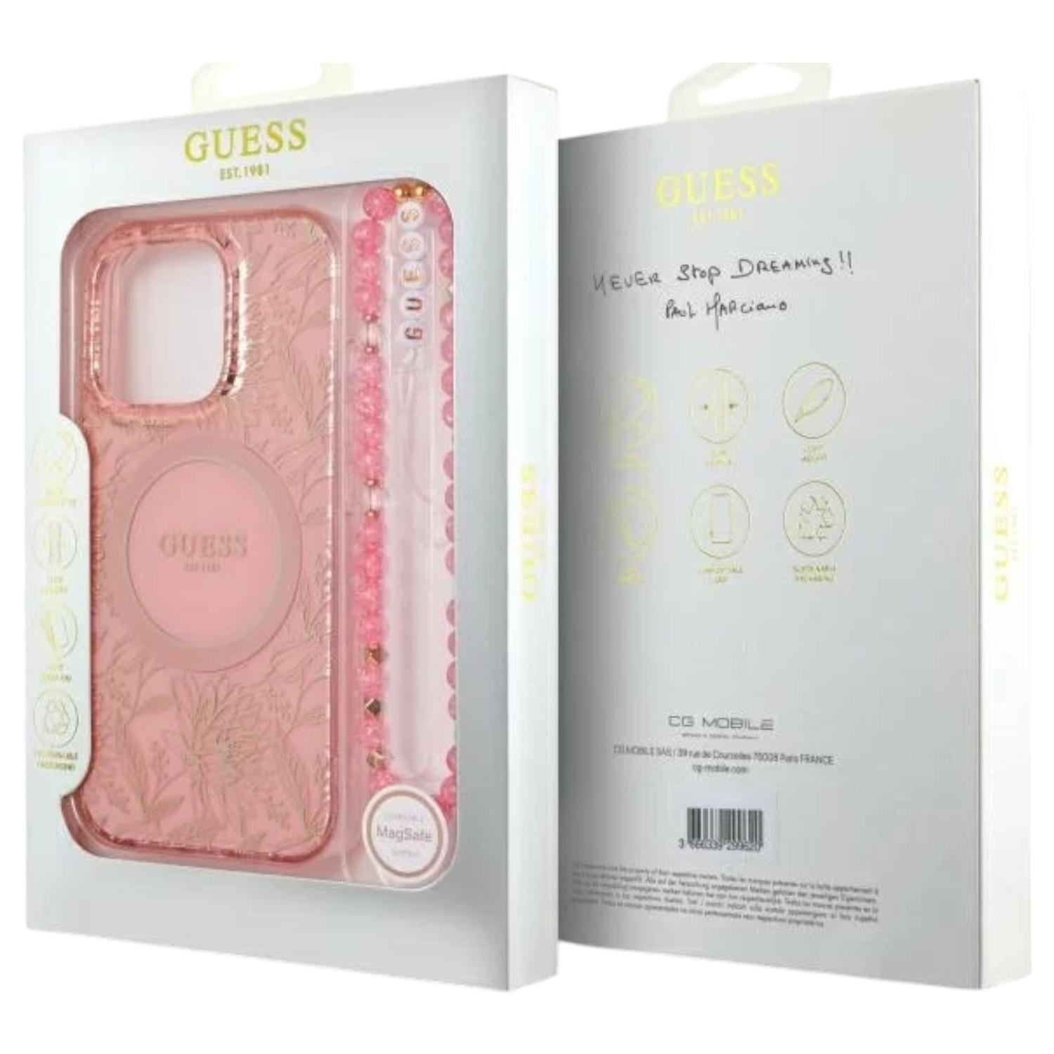 Guess IML Flowers Allover Electro and Pearl Strap Case with MagSafe for iPhone 16 Pro 6.3" Pink - GUHMP16LHCPOFPP