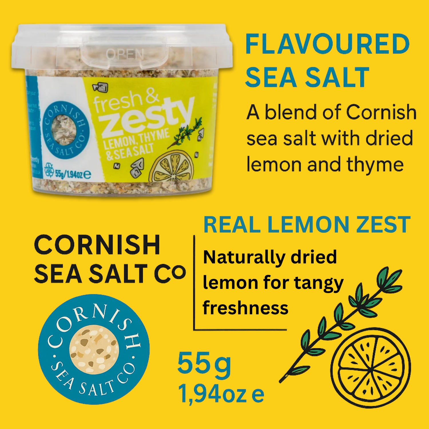 Cornish Fresh & Zesty Lemon Thyme Sea Salt Blend for Cooking & Grilling 55g