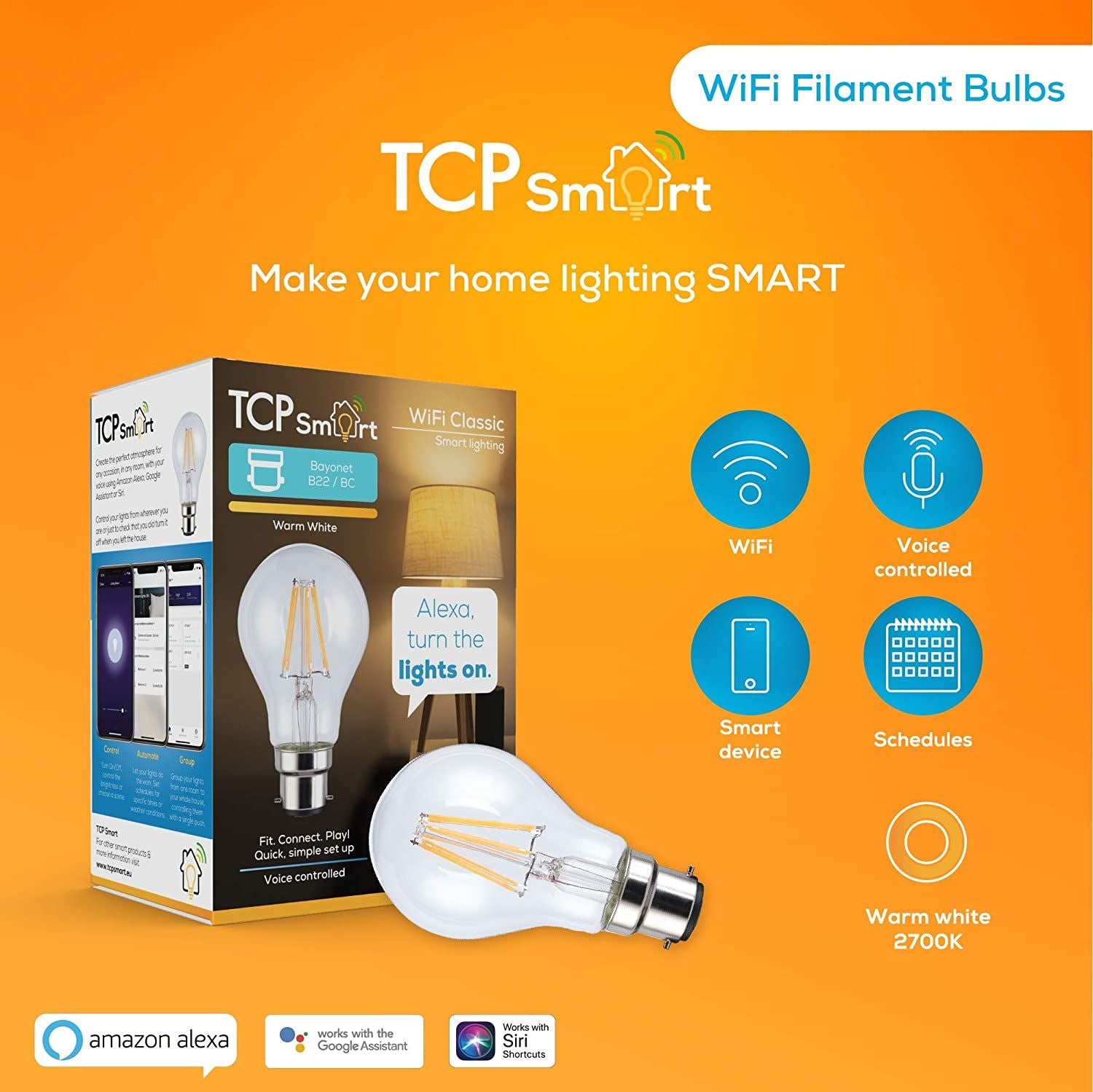 Official TCP Warm White B22/BC Bayonet Wifi Smart LED Bulb - FA60B2OWW2527