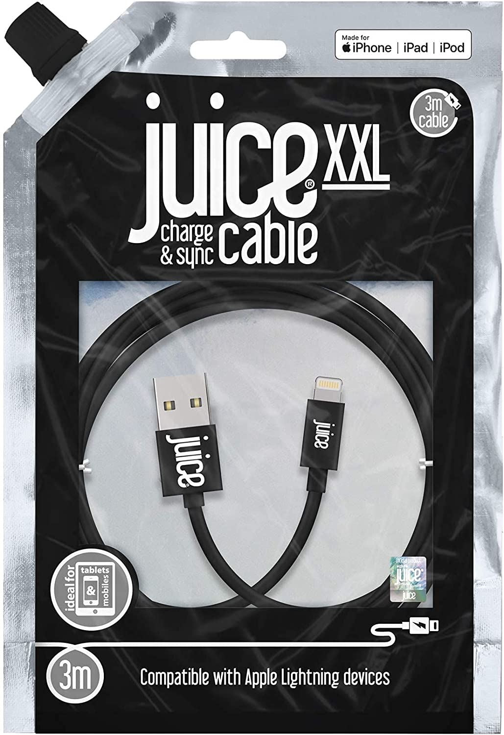 Official Juice 3M Black USB A to Lightning Cable - JUICEXXLCABLE-BLACK