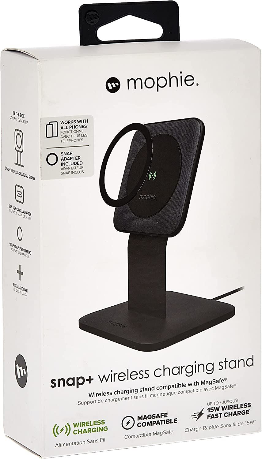 Official Mophie Qi 15W Snap+ Wireless Charging Stand Black with 20W USB C UK Plug - 401307720